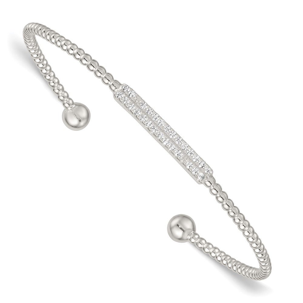 Sterling Silver Polished and Beaded CZ Bar Cuff Bangle
