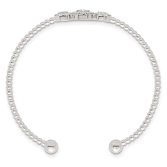 Sterling Silver Polished and Beaded Pave CZ Triple Circle Cuff Bangle