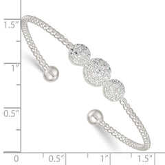 Sterling Silver Polished and Beaded Pave CZ Triple Circle Cuff Bangle