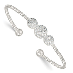 Sterling Silver Polished and Beaded Pave CZ Triple Circle Cuff Bangle