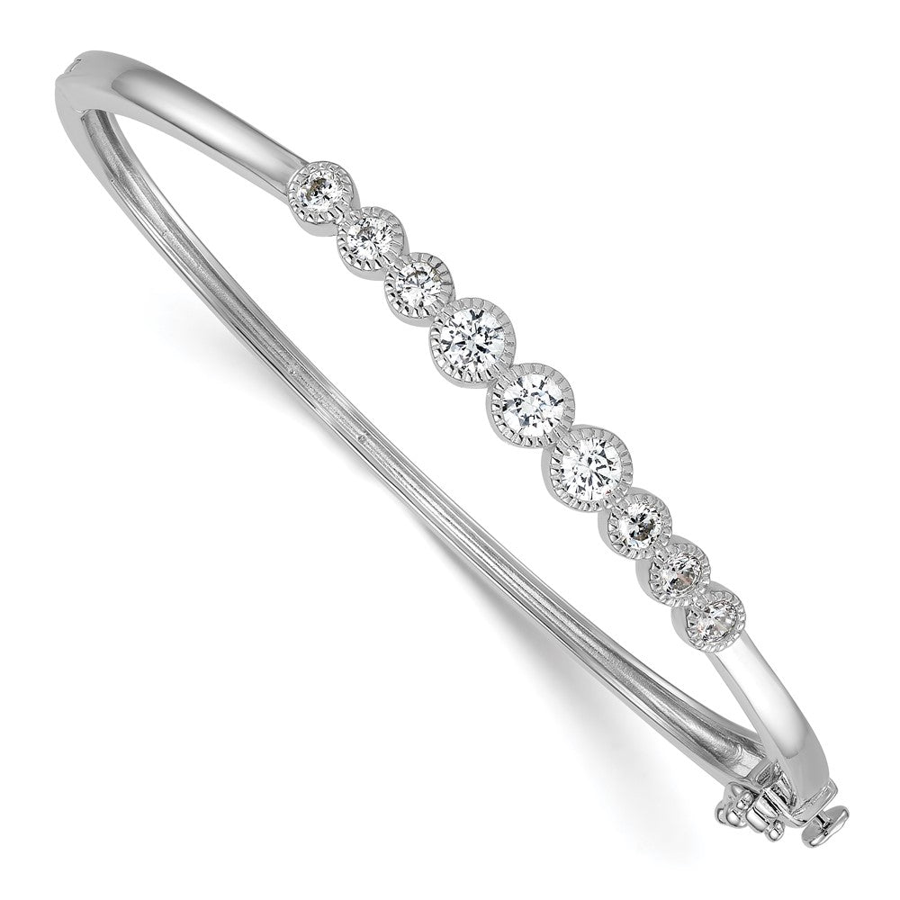 Sterling Silver Rhodium-plated Polished and Textured Bezel-set Graduated CZ Hinged Bangle