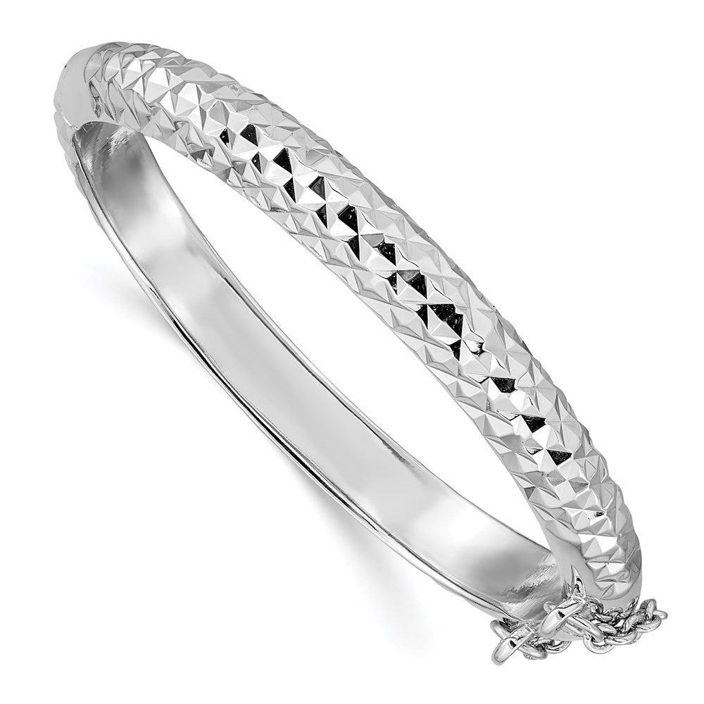 Sterling Silver Rhodium-plated Polished & Diamond-cut 5.5mm with Safety Clasp Hinged Children's Bangle - 2