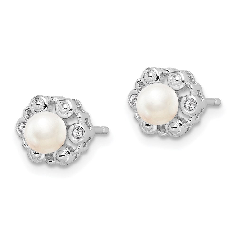 Sterling Silver Rhodium-plated FW Cultured Pearl & Diam. Earrings - 5