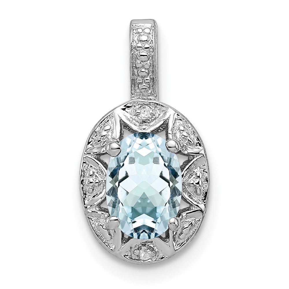 Sterling Silver Rhodium-plated Diam. & Aquamarine Pendant - 3