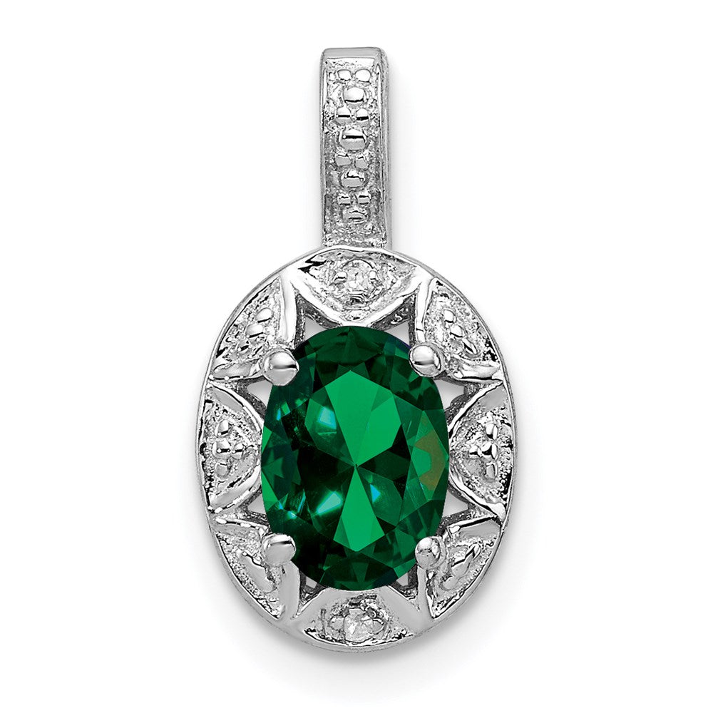 Sterling Silver Rhodium-plated Diam. & Created Emerald Pendant - 3