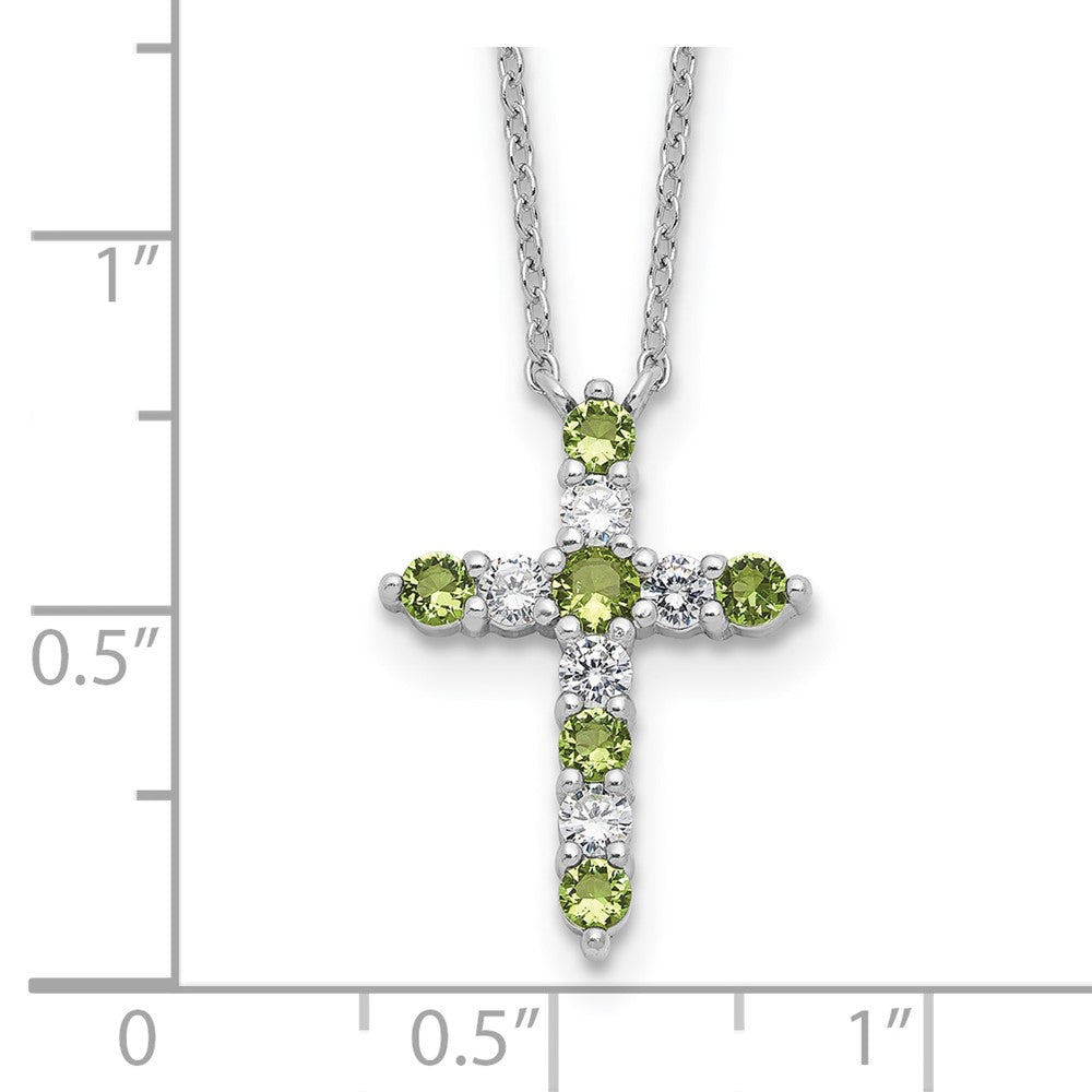 SS RH-plated Green CZ August Birthstone Cross w/2in ext Necklace