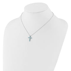 SS RH-plated Blue CZ December Birthstone Cross w/2in ext Necklace