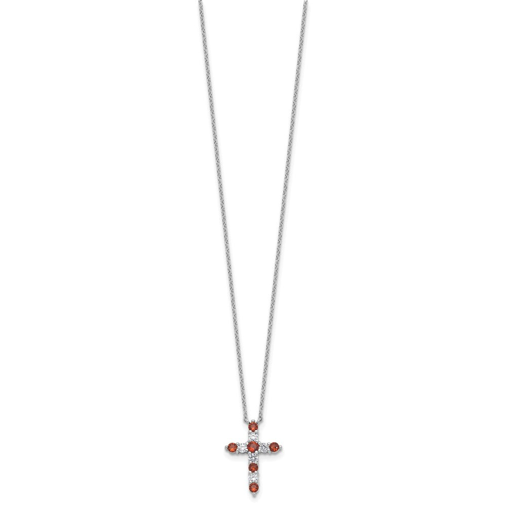 SS RH-plated Red CZ January Birthstone Cross w/2in ext Necklace