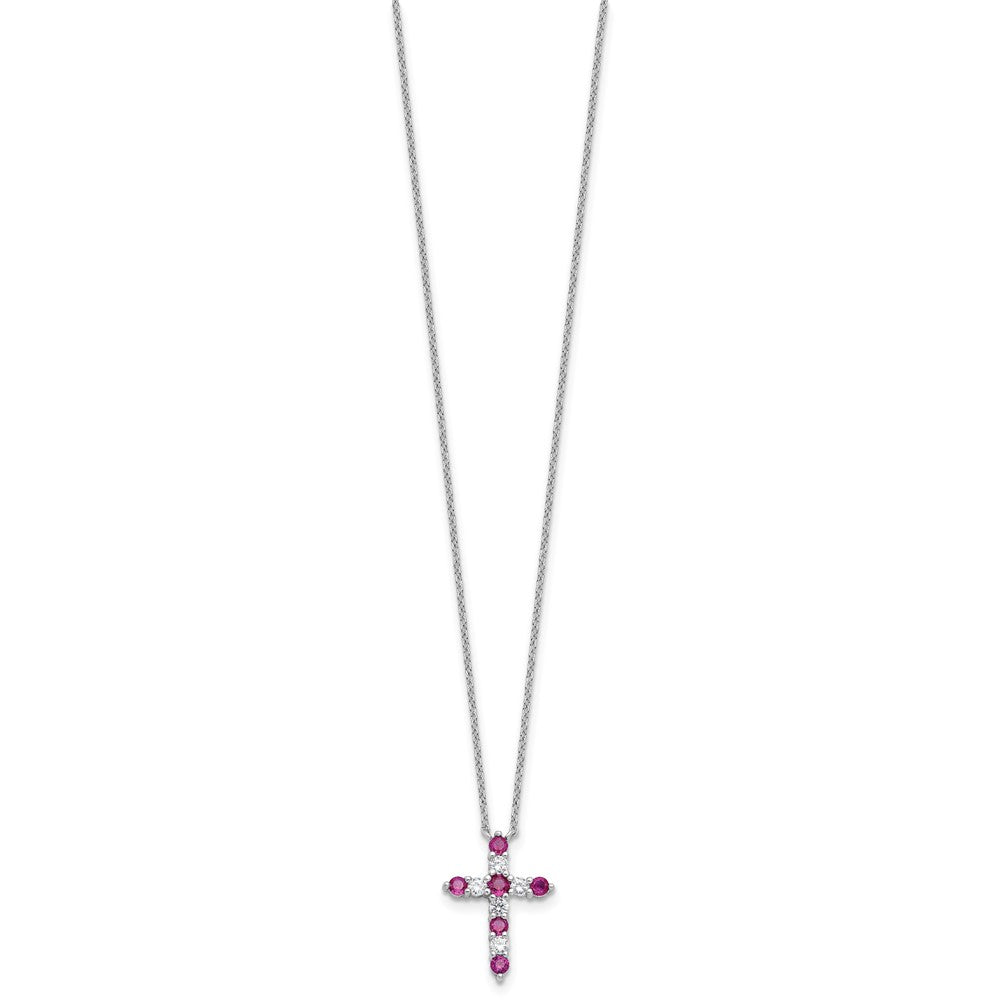 SS RH-plated Dark Pink CZ July Birthstone Cross w/2in ext Necklace