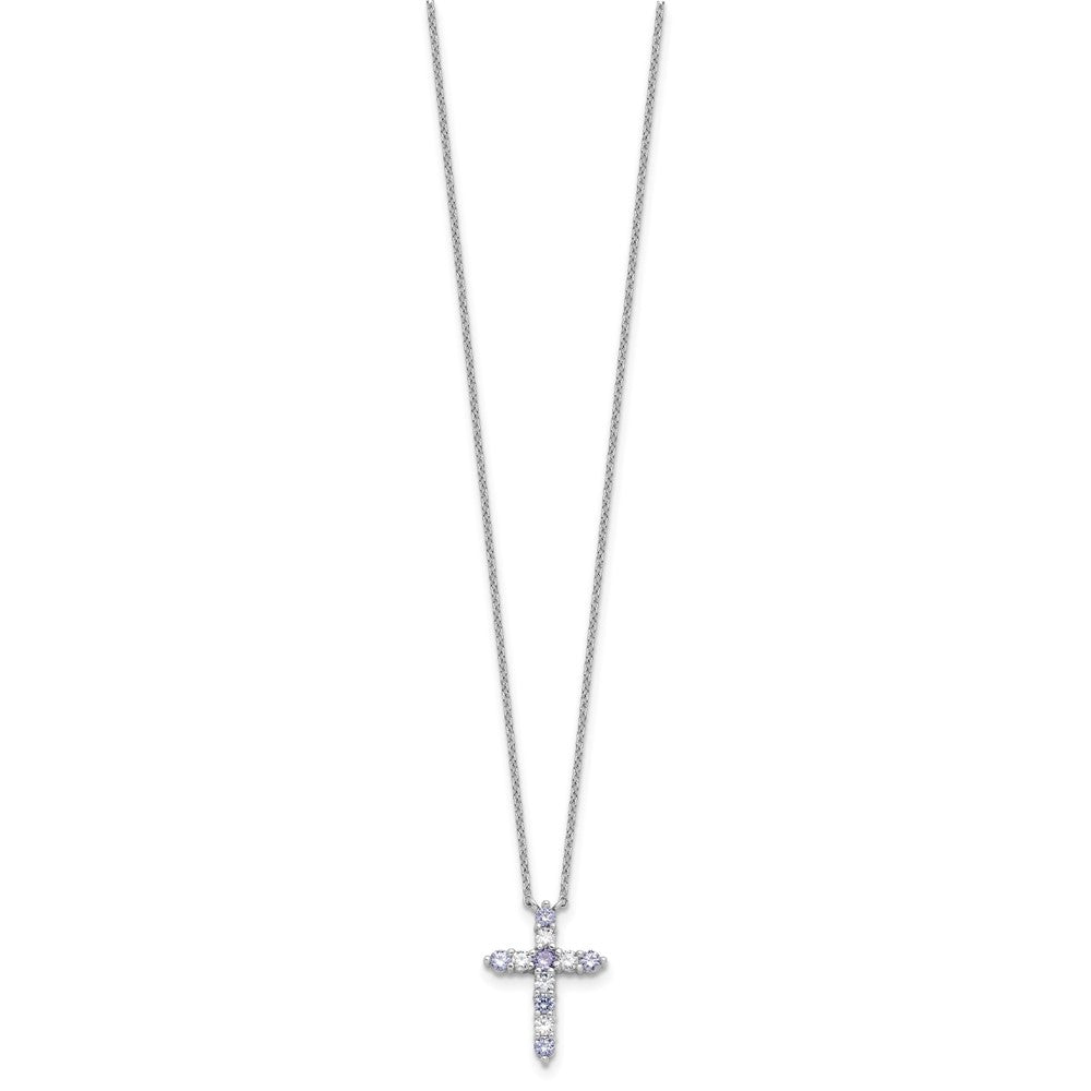 SS RH-plated Lt Purple CZ June Birthstone Cross w/2in ext Necklace
