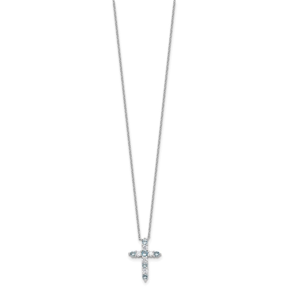 SS RH-plated Lt Blue CZ March Birthstone Cross w/2in ext Necklace