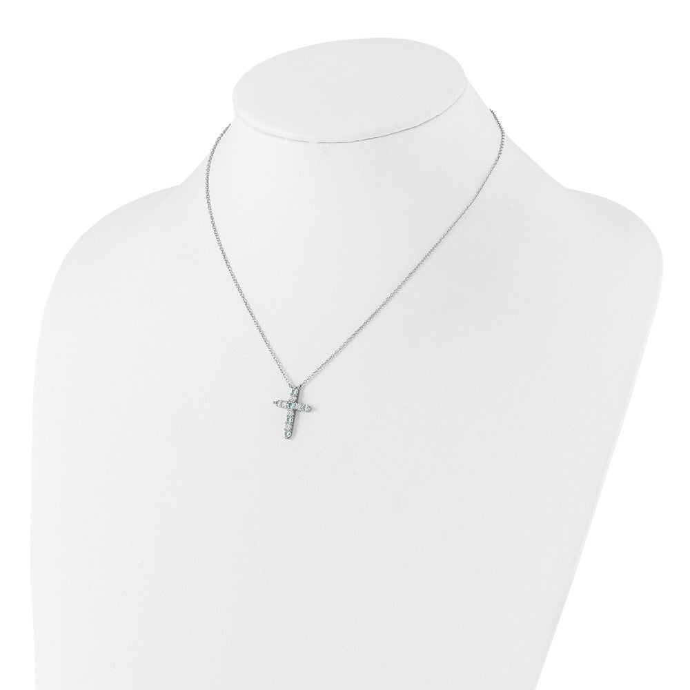 SS RH-plated Lt Blue CZ March Birthstone Cross w/2in ext Necklace