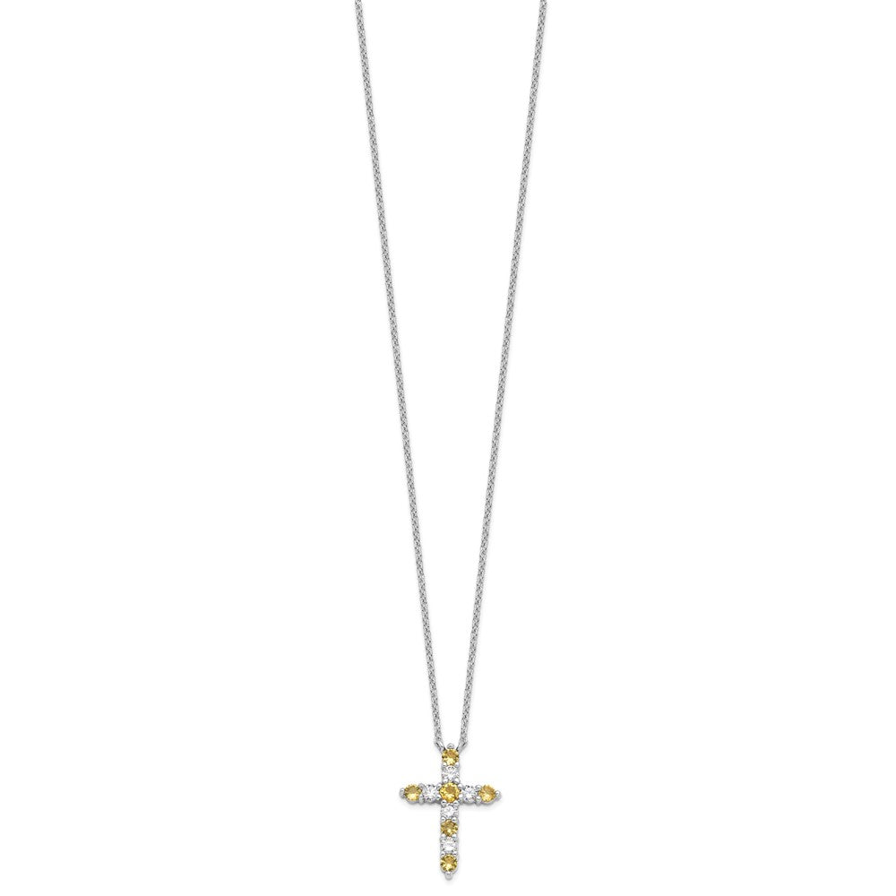 SS RH-plated Yellow CZ Nov Birthstone Cross w/2in ext Necklace