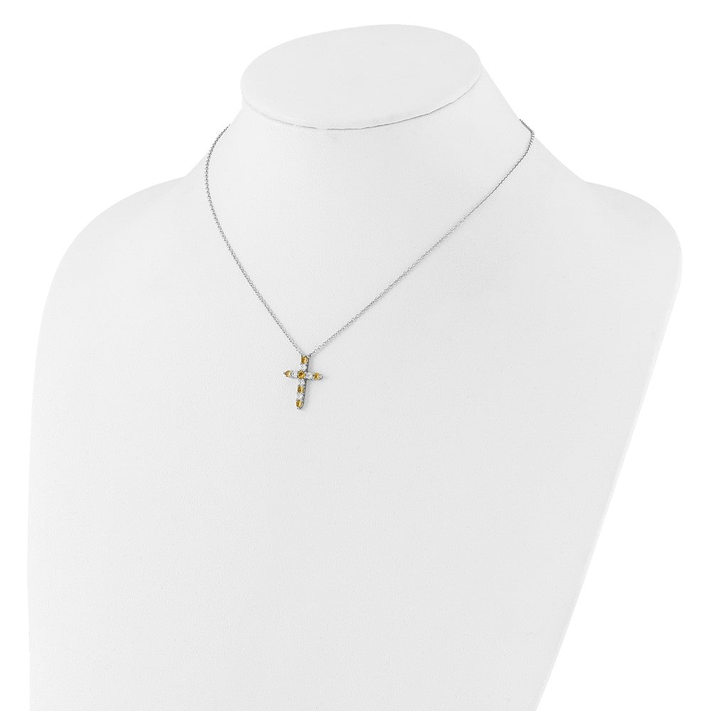 SS RH-plated Yellow CZ Nov Birthstone Cross w/2in ext Necklace