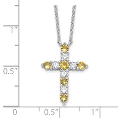 SS RH-plated Yellow CZ Nov Birthstone Cross w/2in ext Necklace