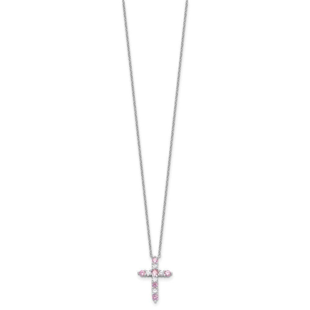 SS RH-plated Pink CZ October Birthstone Cross w/2in ext Necklace