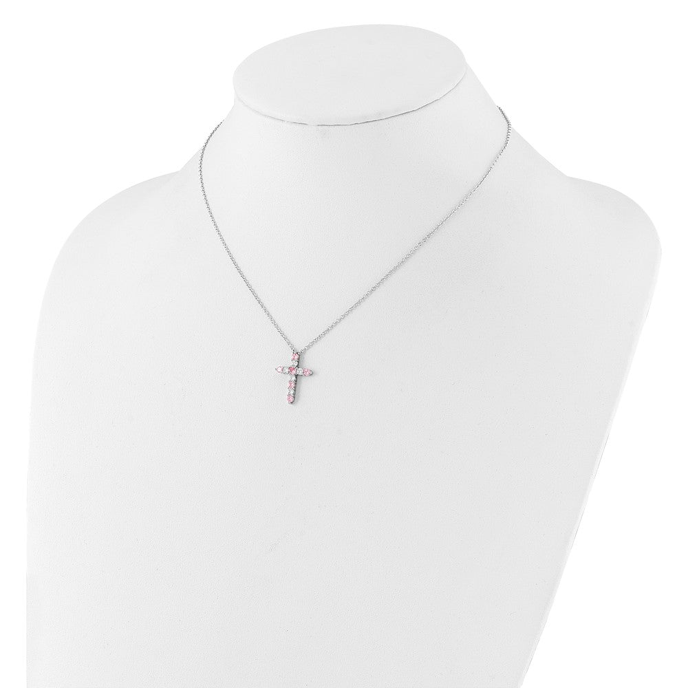 SS RH-plated Pink CZ October Birthstone Cross w/2in ext Necklace