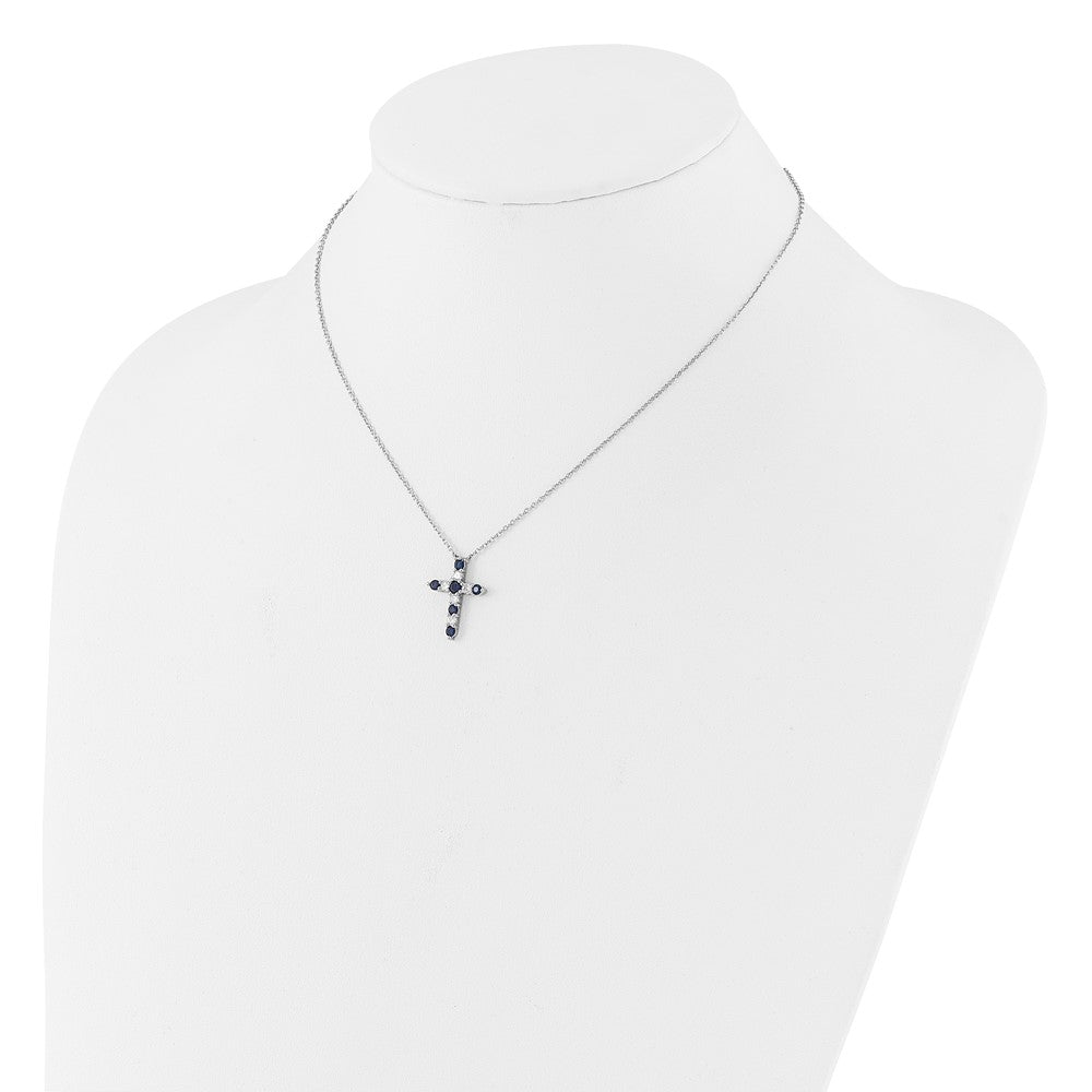 SS RH-plated Dark Blue CZ Sept Birthstone Cross w/2in ext Necklace