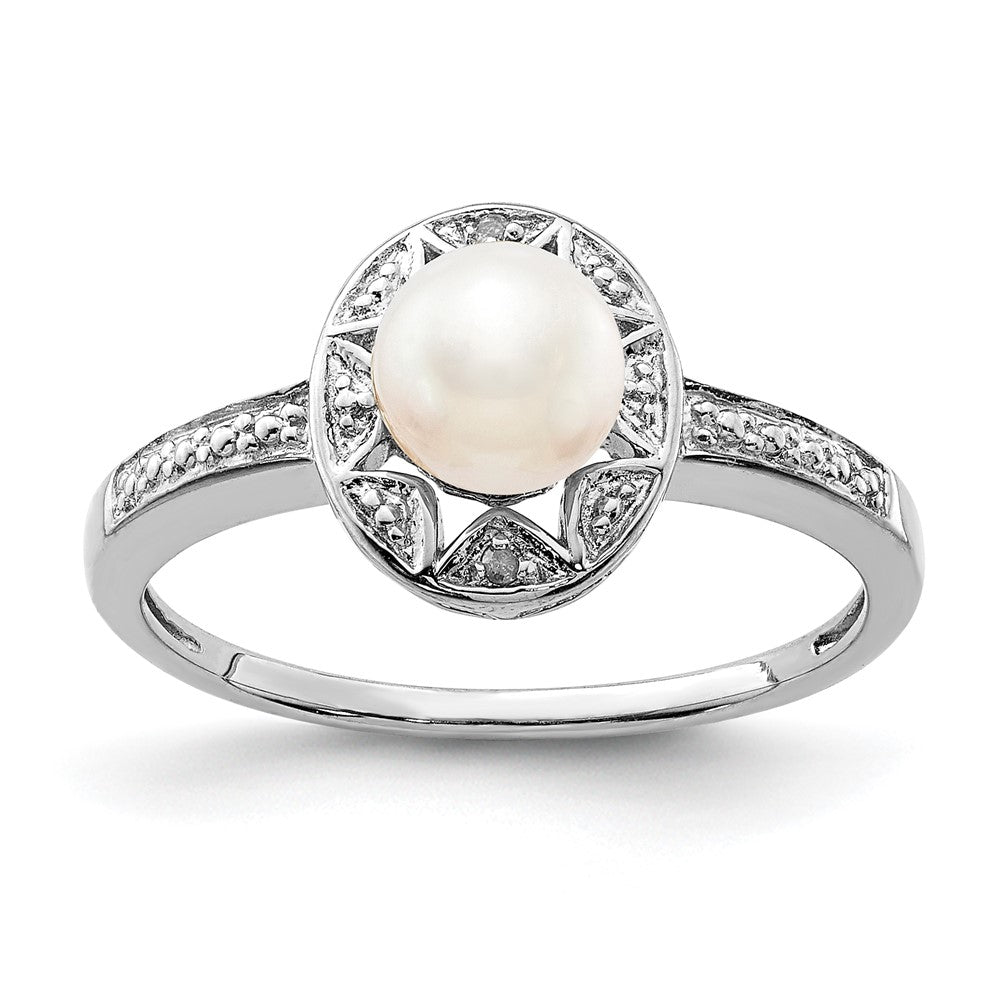 Sterling Silver Rhodium-plated Diam. & FW Cultured Pearl Ring - 18