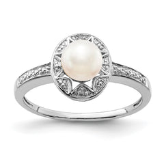 Sterling Silver Rhodium-plated Diam. & FW Cultured Pearl Ring - 18