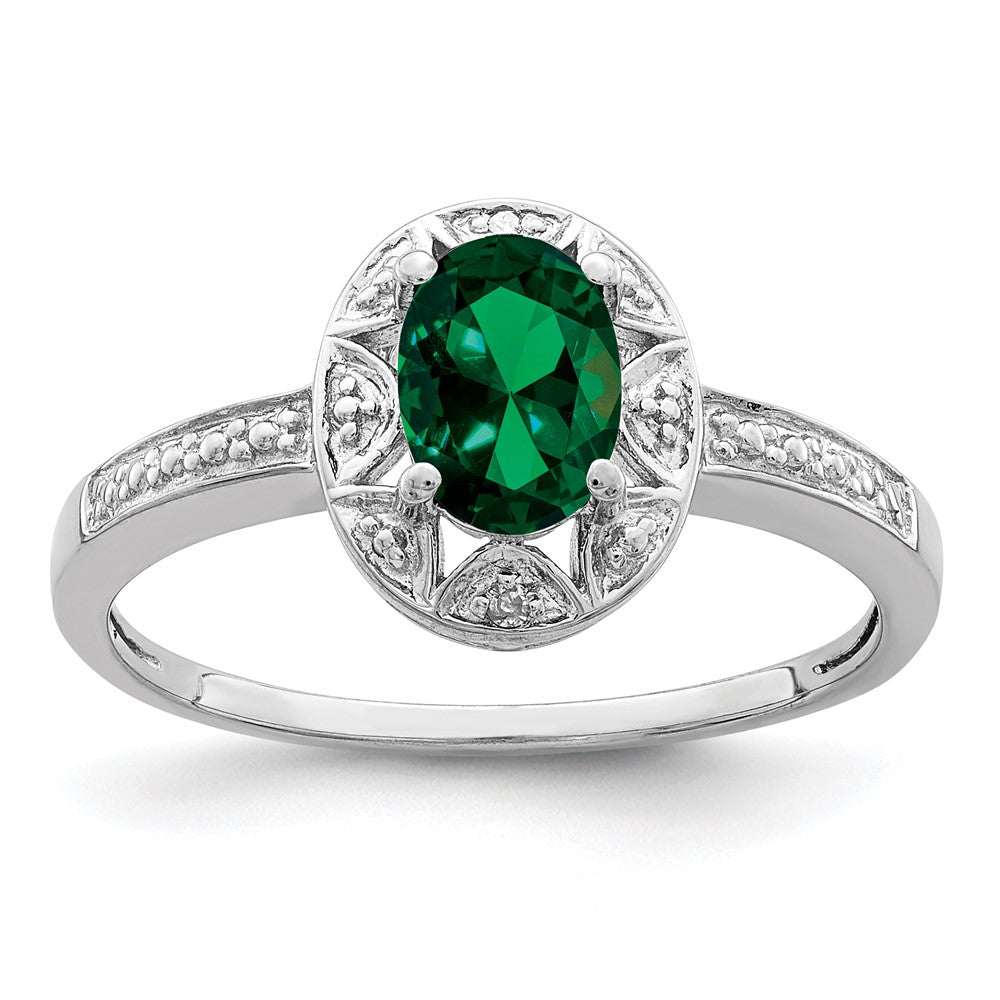 Sterling Silver Rhodium-plated Diam. & Created Emerald Ring - 18