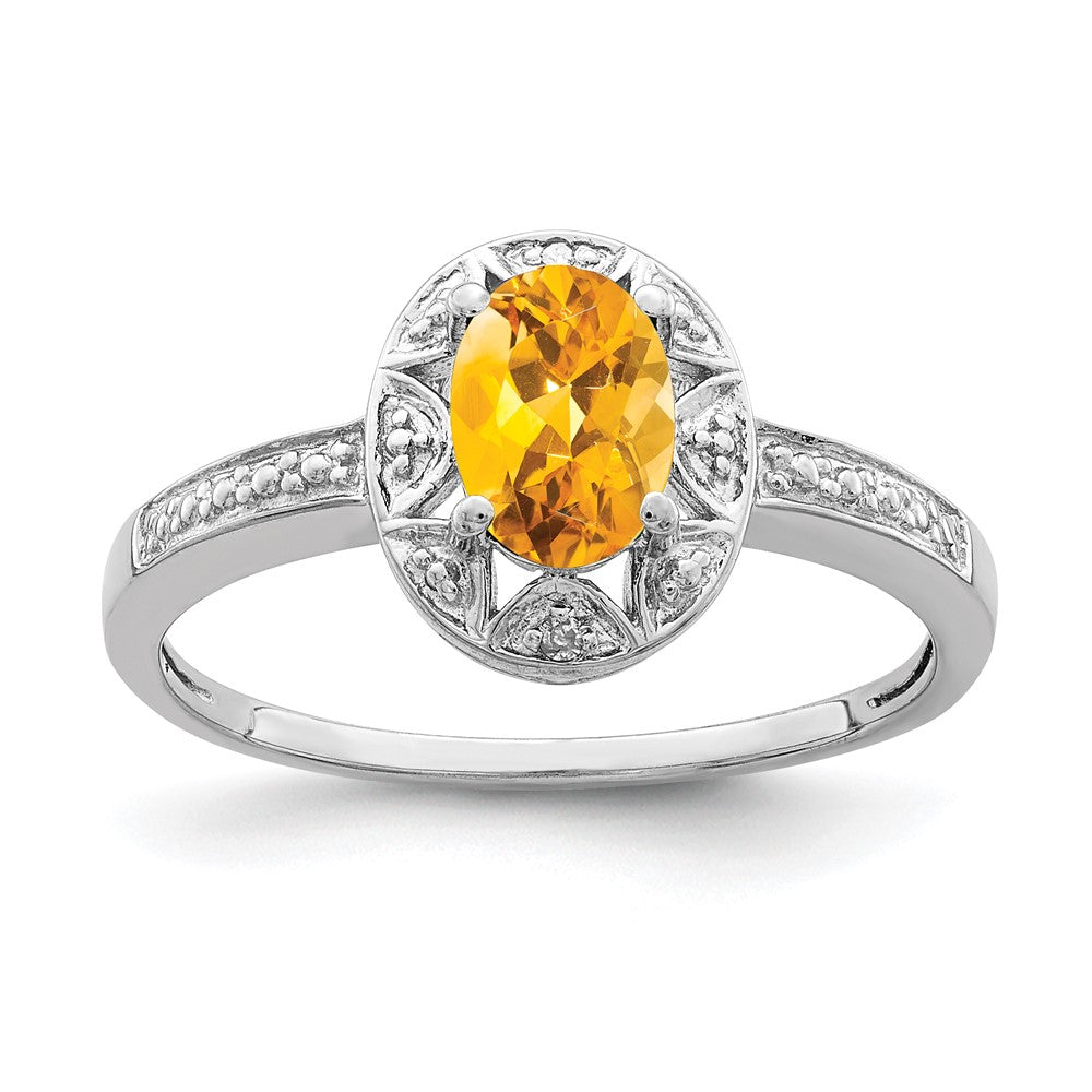 Sterling Silver Rhodium-plated Diam. & Citrine Ring - 9