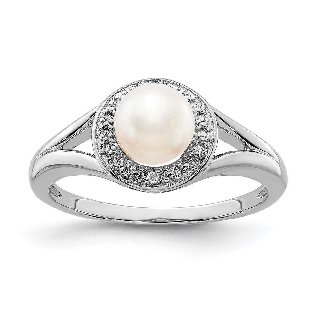 Sterling Silver Rhodium-plated Diam. & FW Cultured Pearl Ring - 15