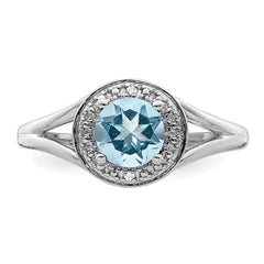 Sterling Silver Rhodium-plated Diam. & Aquamarine Ring - 9