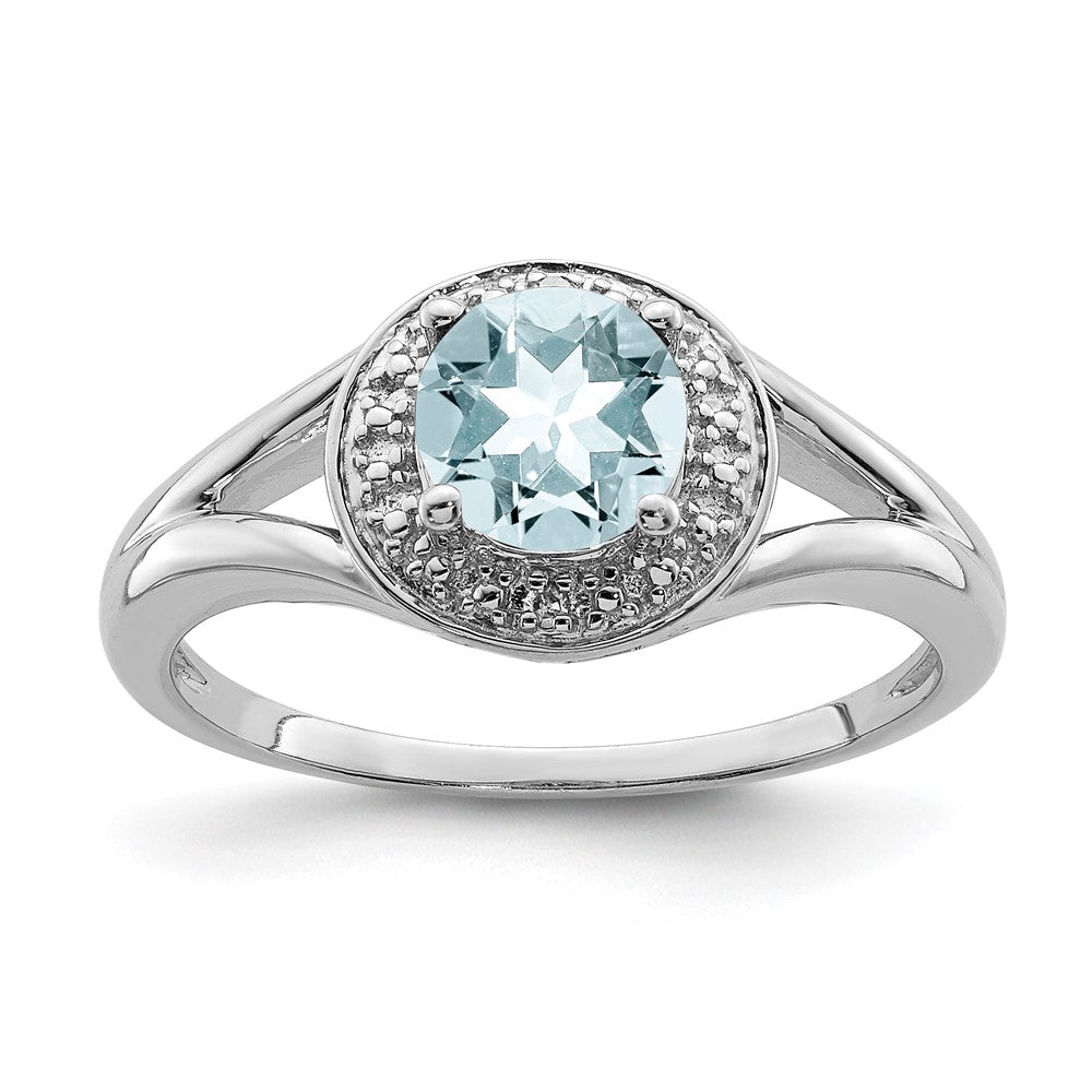 Sterling Silver Rhodium-plated Diam. & Aquamarine Ring - 7