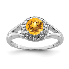 Sterling Silver Rhodium-plated Diam. & Citrine Ring - 8