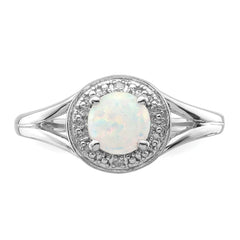 Sterling Silver Rhodium-plated Diam. & Created Opal Ring - 10