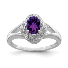 Sterling Silver Rhodium-plated Diam. & Amethyst Ring - 8