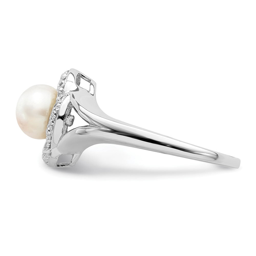 Sterling Silver Rhodium-plated Diam. & FW Cultured Pearl Ring - 16