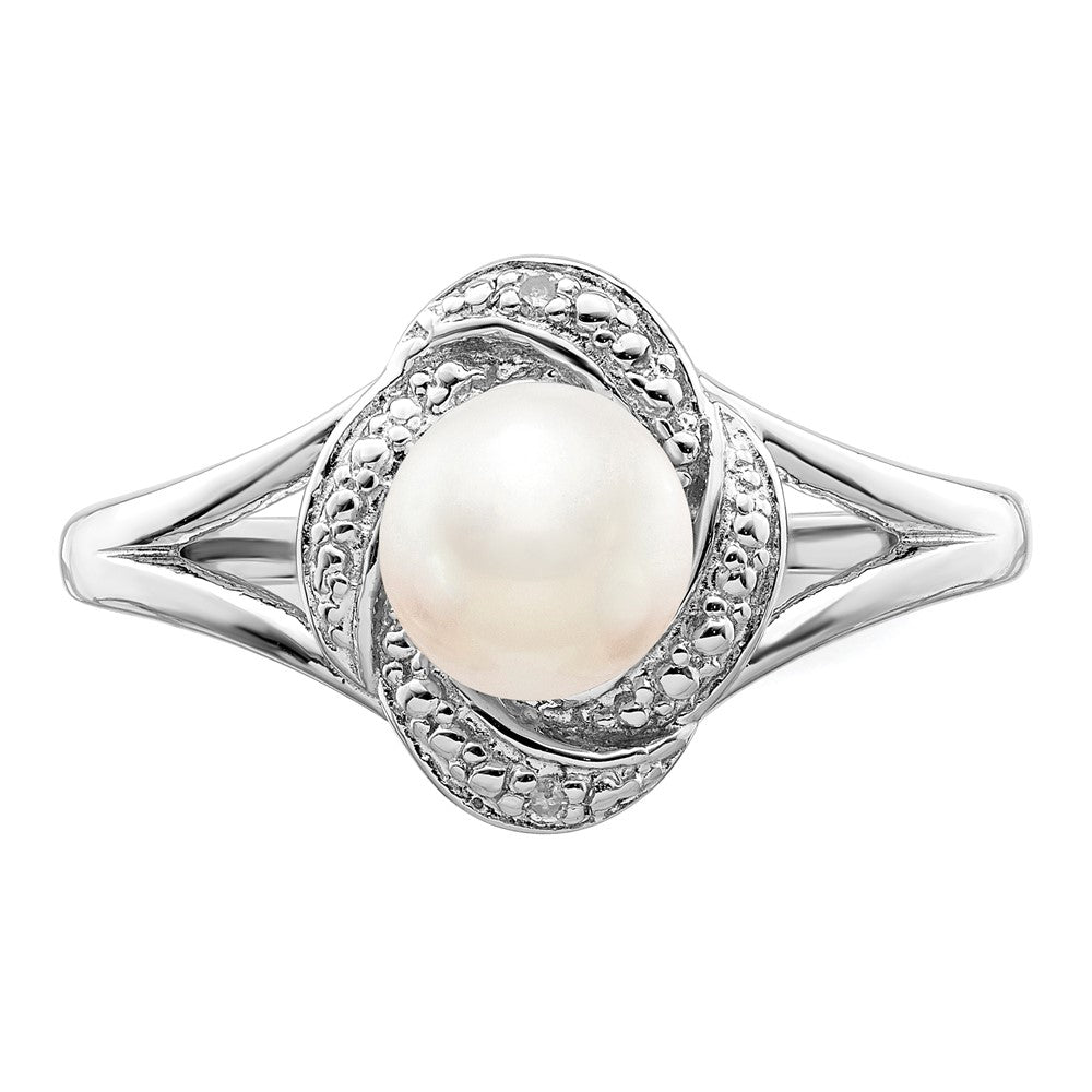 Sterling Silver Rhodium-plated Diam. & FW Cultured Pearl Ring - 16
