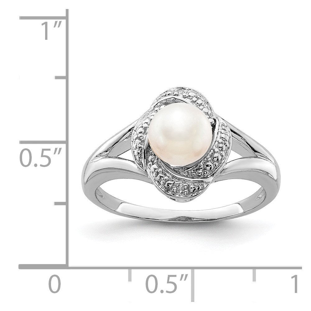 Sterling Silver Rhodium-plated Diam. & FW Cultured Pearl Ring - 13