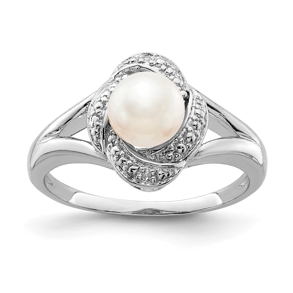 Sterling Silver Rhodium-plated Diam. & FW Cultured Pearl Ring - 14