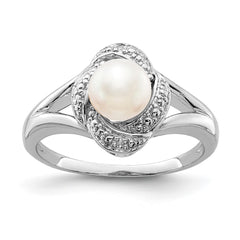 Sterling Silver Rhodium-plated Diam. & FW Cultured Pearl Ring - 14