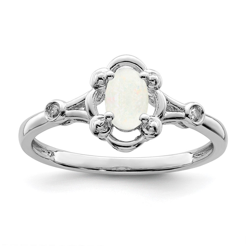 Sterling Silver Rhodium-plated Created Opal & Diam. Ring - 7