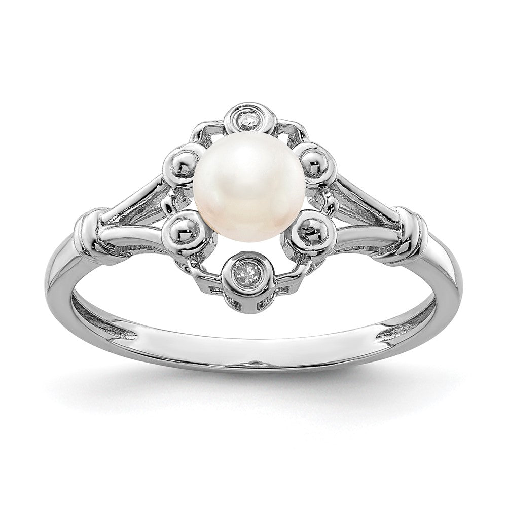 Sterling Silver Rhodium-plated FW Cultured Pearl & Diam. Ring - 19