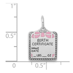 Sterling Silver Rhodium-plated Pink Birth Certificate Polished Charm