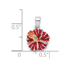 De-Ani Sterling Silver Rhodium-Plated Polished Enameled Red Hibiscus Pendant