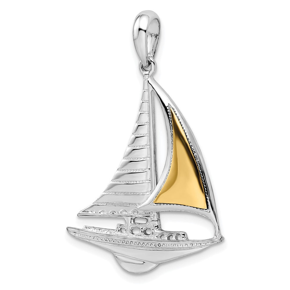 De-Ani Sterling Silver Rhodium-Plated Polished Sailboat with 14k Accent Pendant