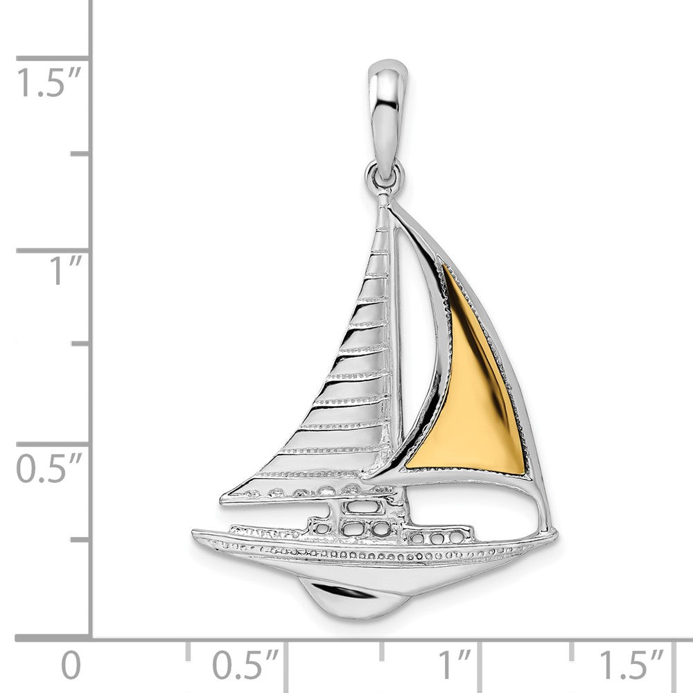 De-Ani Sterling Silver Rhodium-Plated Polished Sailboat with 14k Accent Pendant