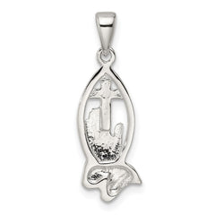 Sterling Silver Polished Cross w/Praying Hands Pendant