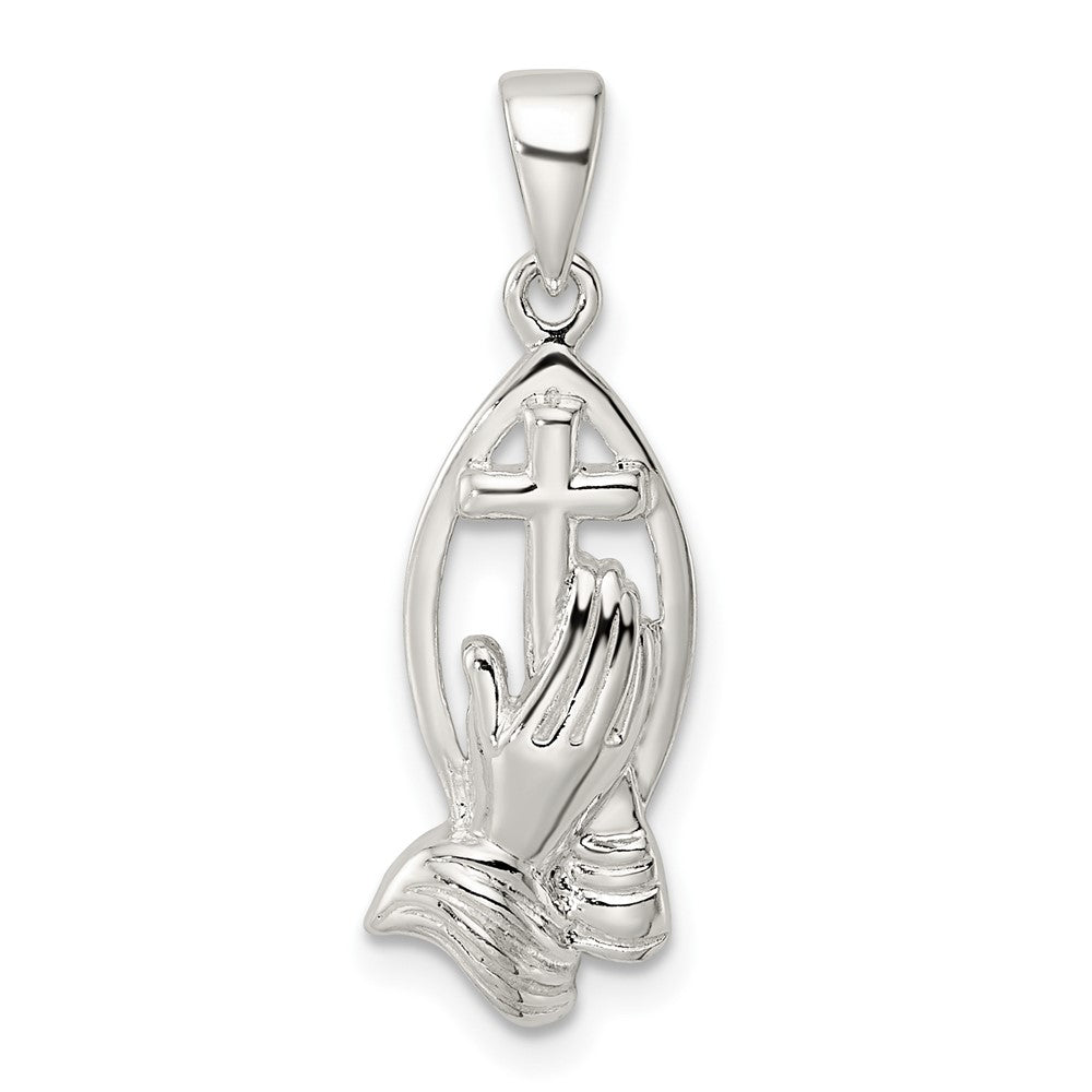 Sterling Silver Polished Cross w/Praying Hands Pendant