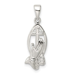 Sterling Silver Polished Cross w/Praying Hands Pendant