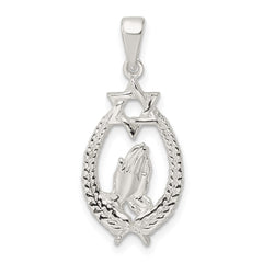 Sterling Silver Polished Star of David w/Praying Hands Pendant