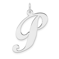 Large Sterling Silver Rhodium-plated Fancy Script Letter P Initial Charm