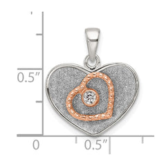 Sterling Silver Rose-tone Polished and Glitter Fabric CZ Heart Pendant