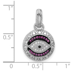 SS Rh and Black Rh-plated CZ and .18Lab Cr. Ruby Evil Eye Pendant